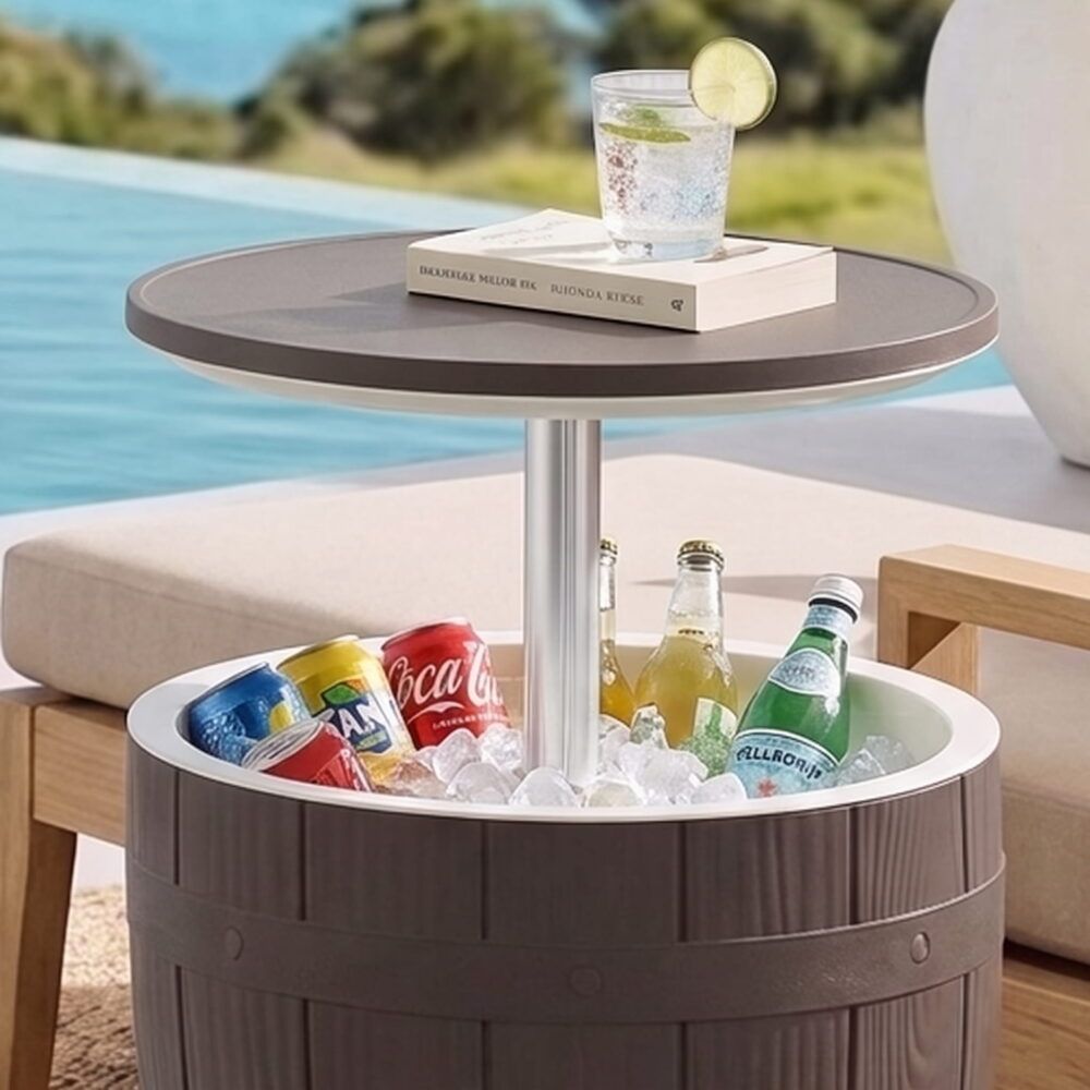 Taupe cooler table with round top and built-in ice bucket, holding bottles and ice