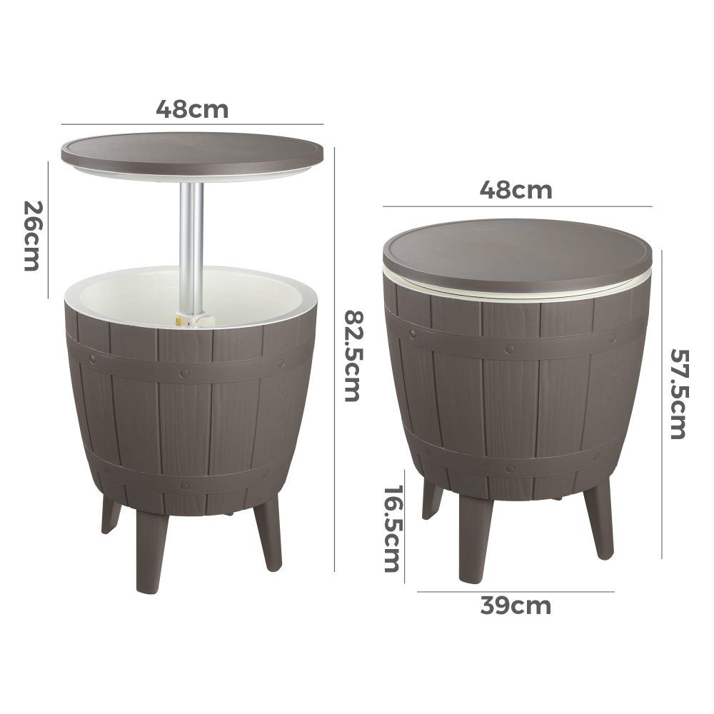 Taupe cooler table with round lid and ice bucket, shown with labeled dimensions