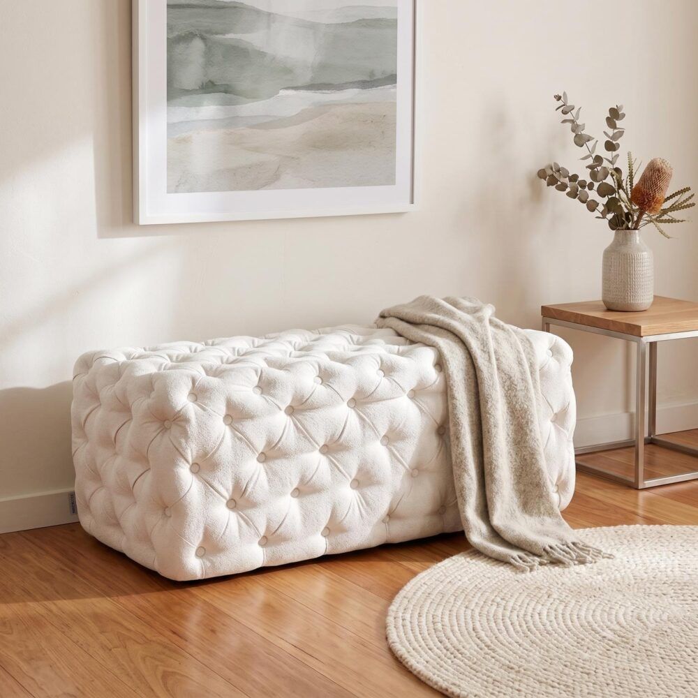 Elsa Tufted Ottoman Beach Boucle White-Rectangular Bedworld