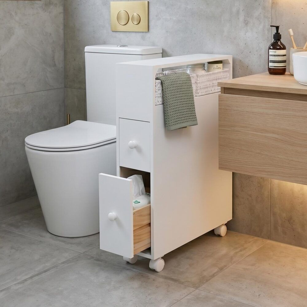 Removable Bathroom Side Cabinet Toilet Caddy with Storage Drawers- White