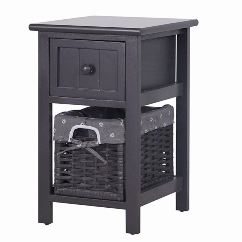 Grey bedside table with drawer and front-facing wicker basket, shown on white background.