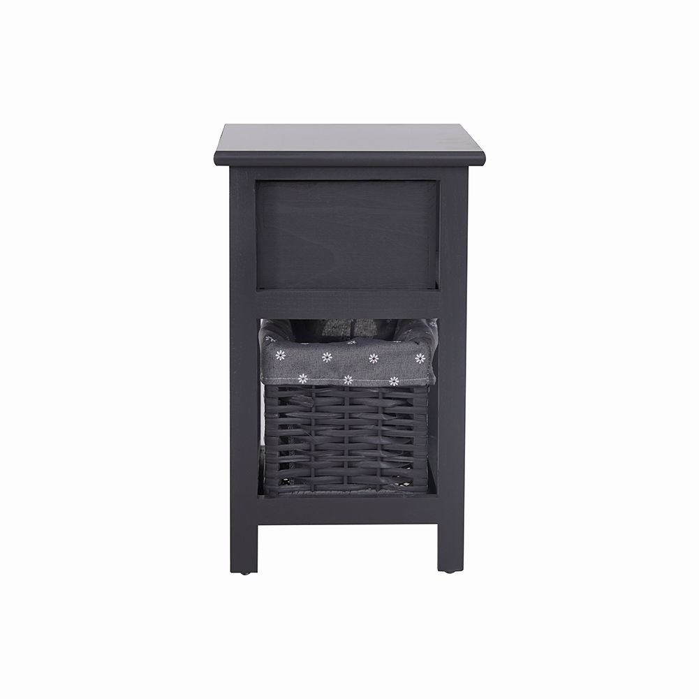 Grey bedside table with drawer and woven wicker basket, front view on light background.