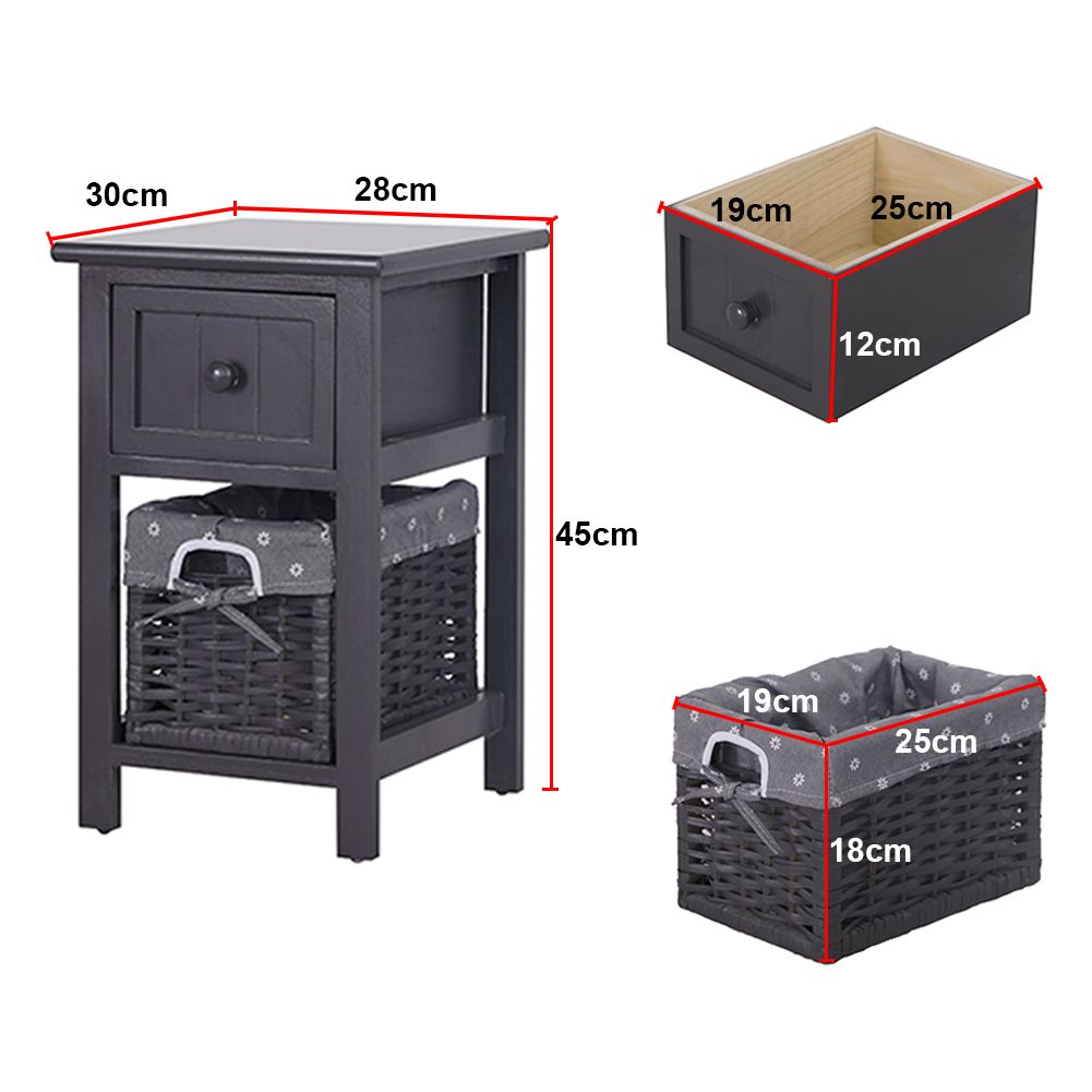 Grey bedside table with drawer and wicker basket, front and side views