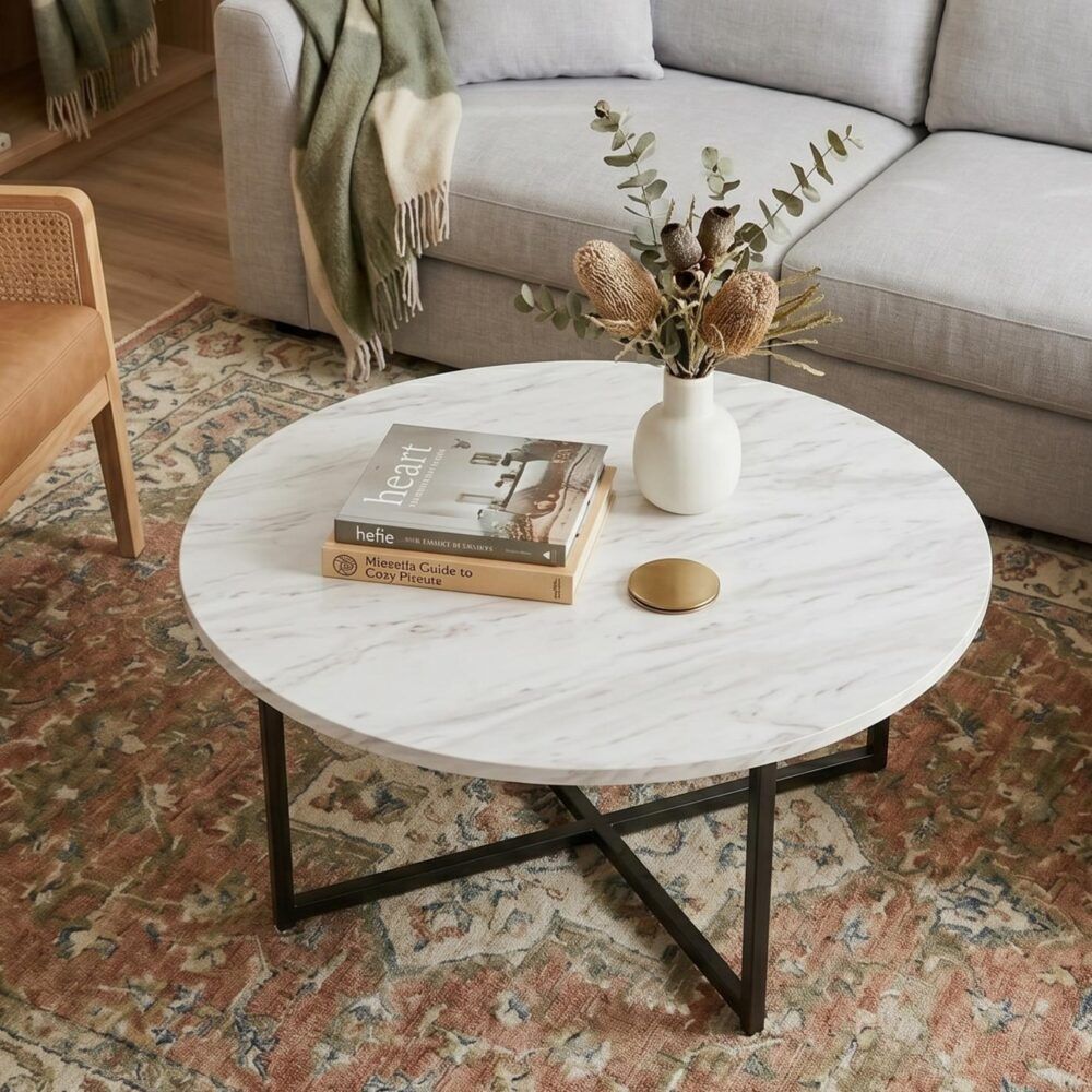 Round coffee table with white marble-effect top and black angled base legs