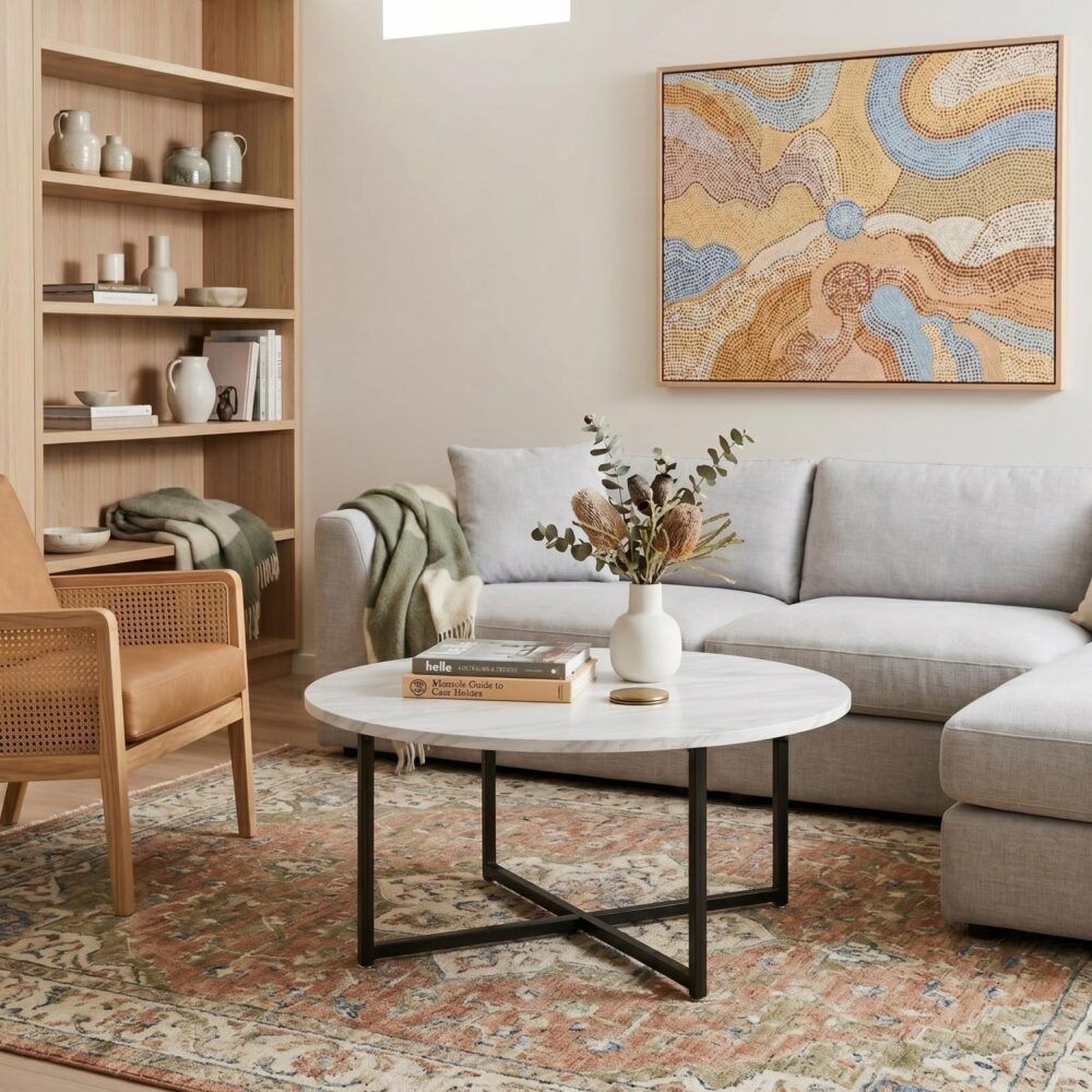 Round coffee table with white marble-effect top and black metal X-leg base