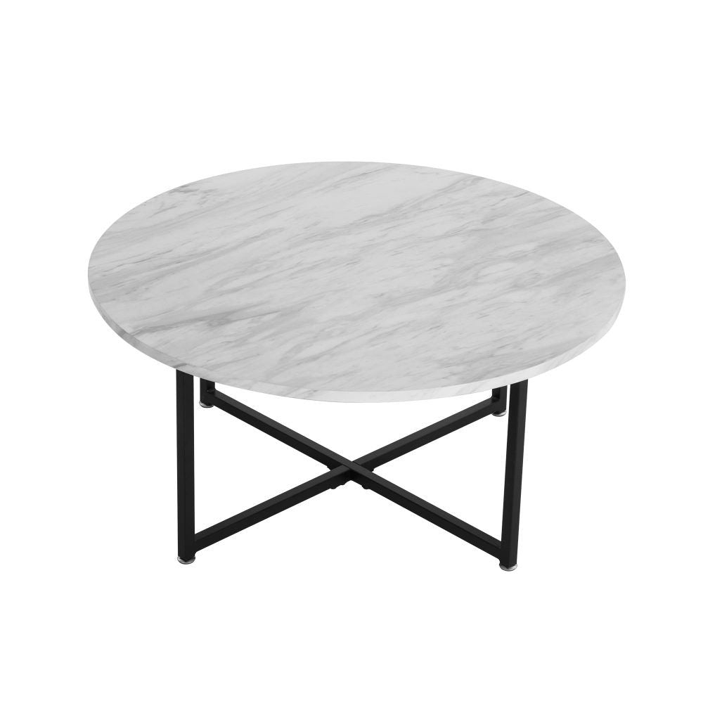 Round coffee table with white marble-effect top and black X-frame legs