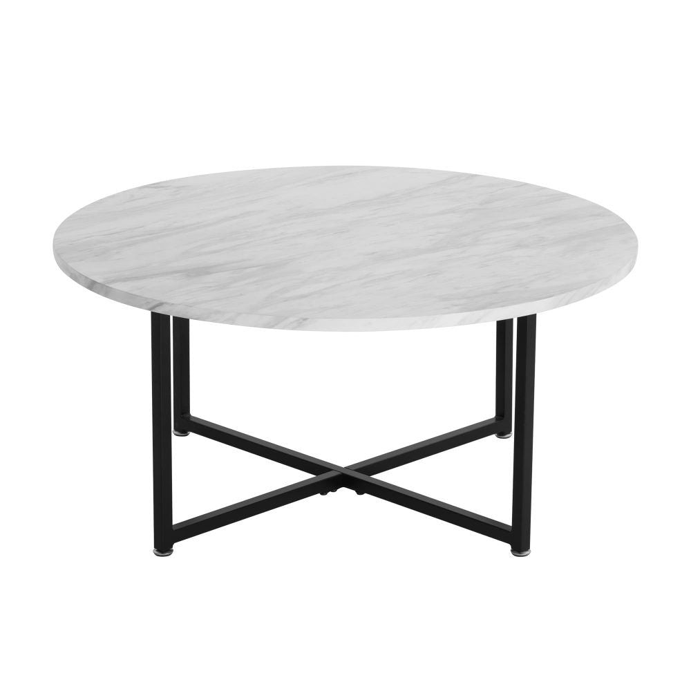 Round coffee table with white marble-effect top and black angled support legs