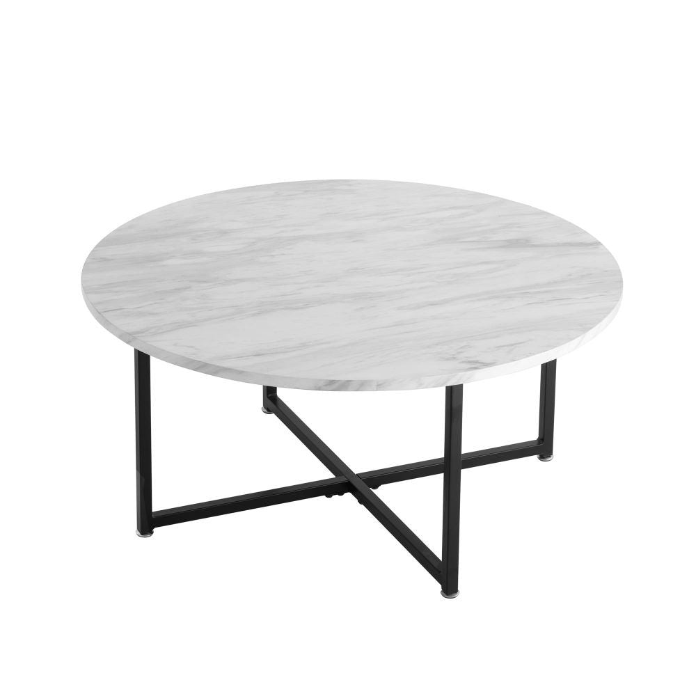 Round coffee table with white marble-effect top and black metal base legs