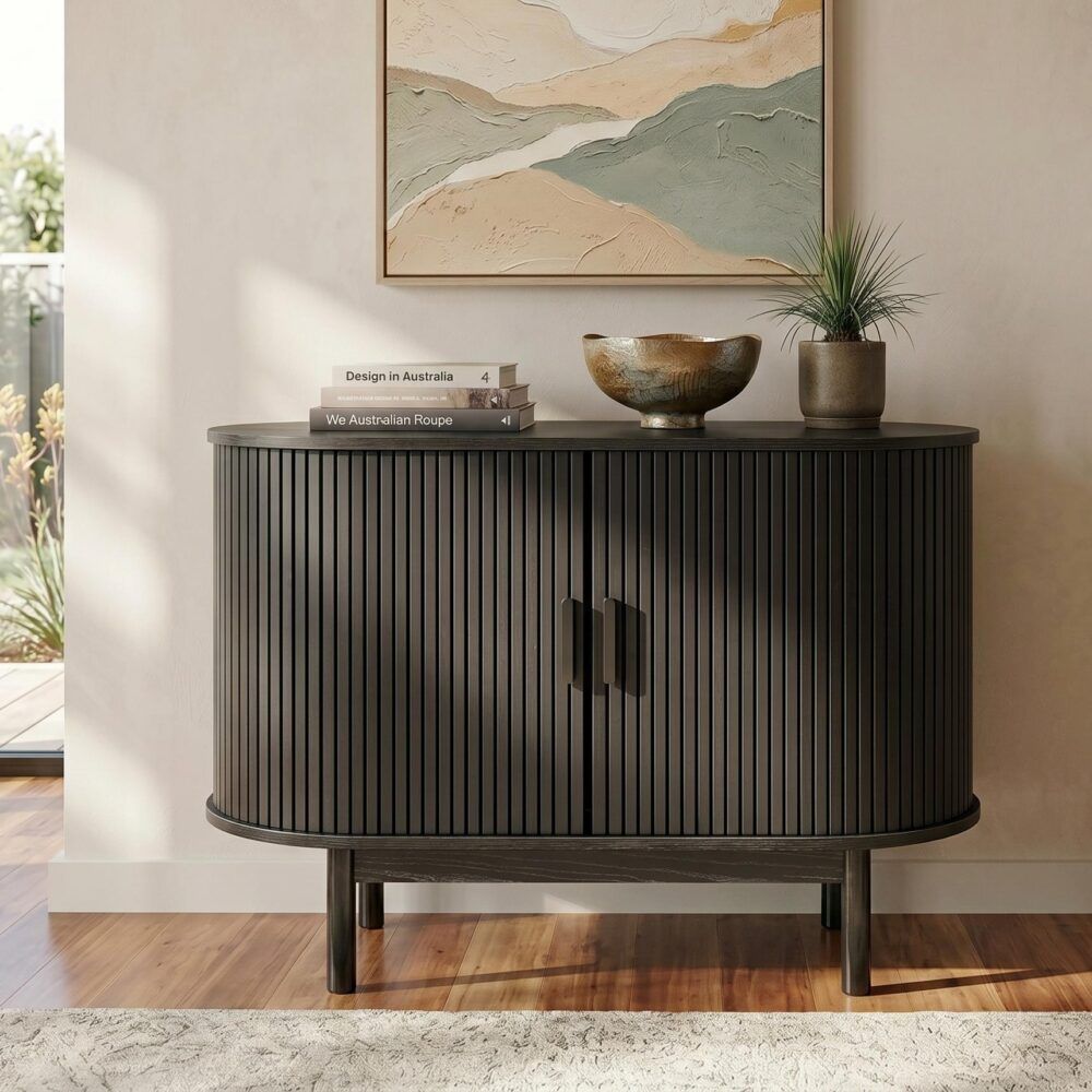 Black ribbed sideboard cabinet with two-door design, vertical slats, and dark metal legs