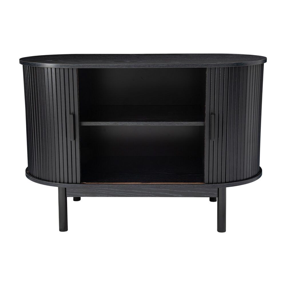 Black ribbed sideboard cabinet with open center shelf and two slatted doors