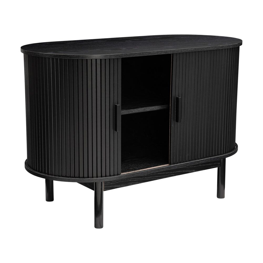 Black ribbed sideboard cabinet with one open door showing dark shelving inside