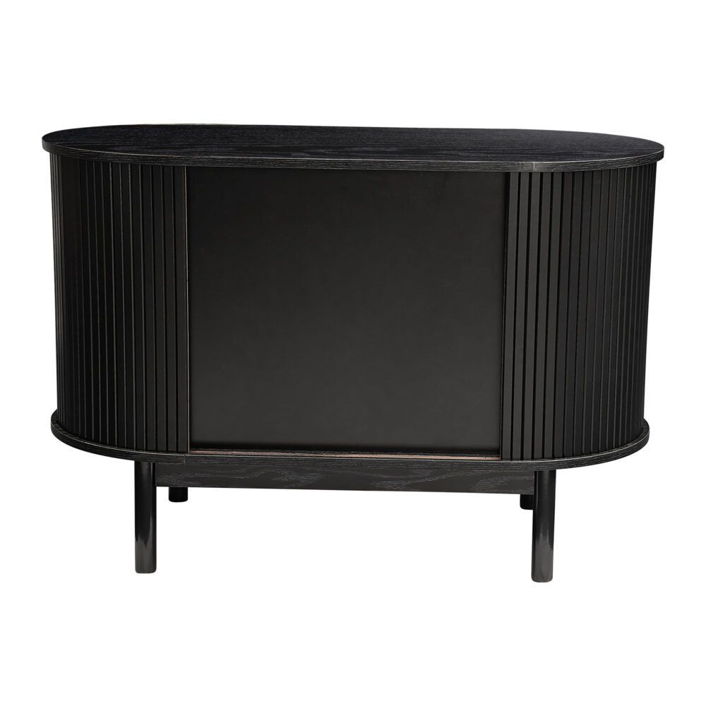 Black ribbed sideboard cabinet with rounded top, central door, and tapered legs