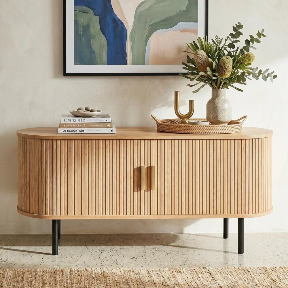 Ripple sideboard with sliding doors, light wood slat panels, curved base, dark legs
