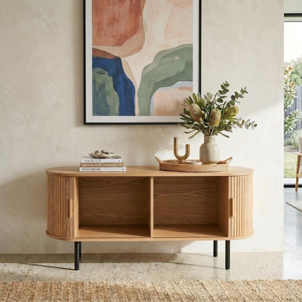 Ripple sideboard with sliding doors, light wood slat frame, open center shelf, dark legs