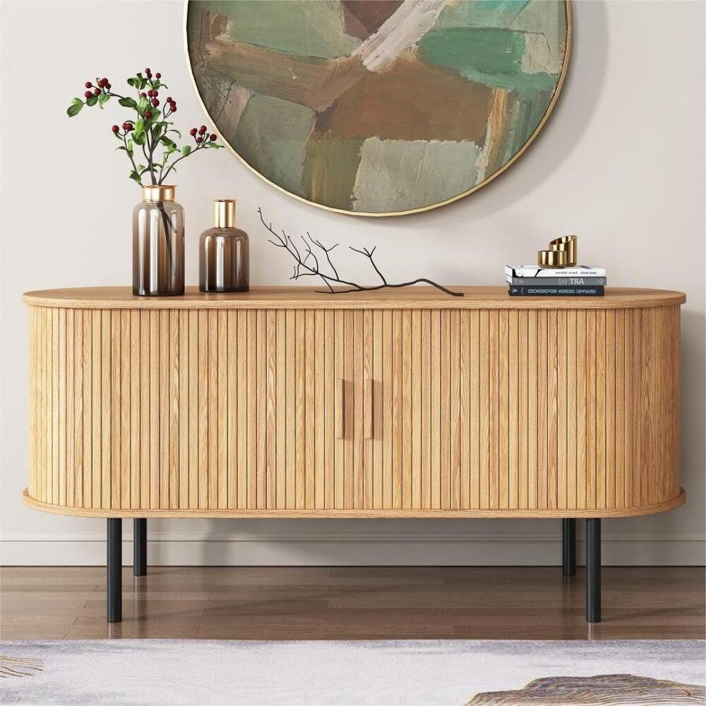 Ripple sideboard with sliding doors, light wood vertical slats and rounded front, dark legs