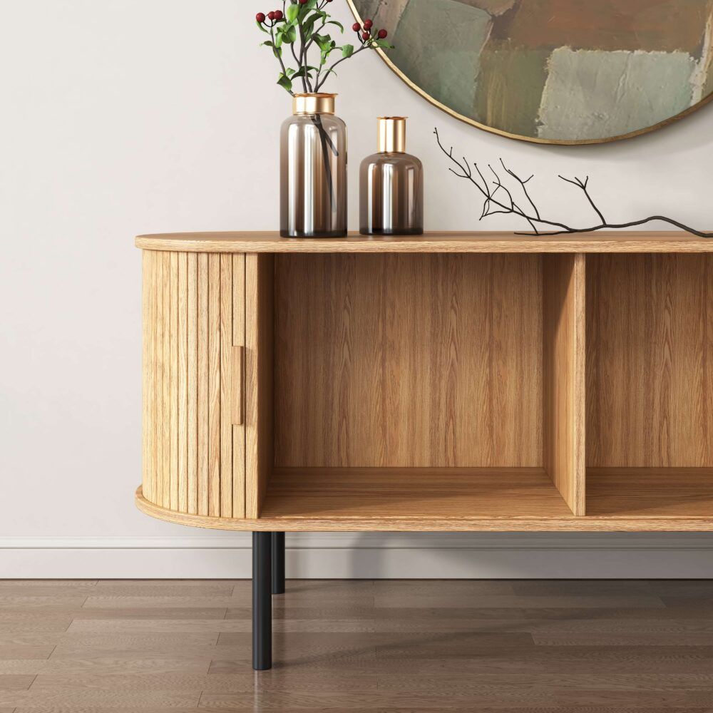 Ripple sideboard with sliding doors, open interior with wood shelves, light wood slat panels
