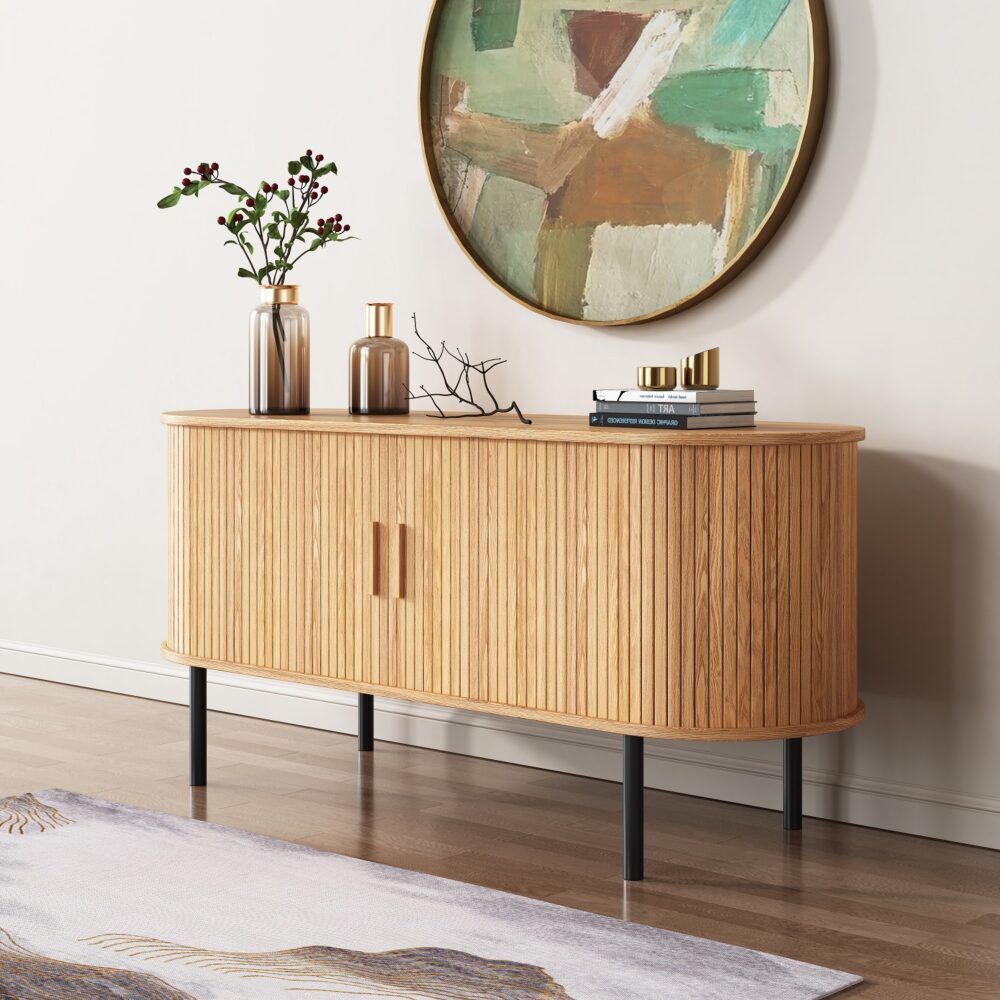 Ripple sideboard with sliding doors, light wood vertical slats, center bar handles, dark legs