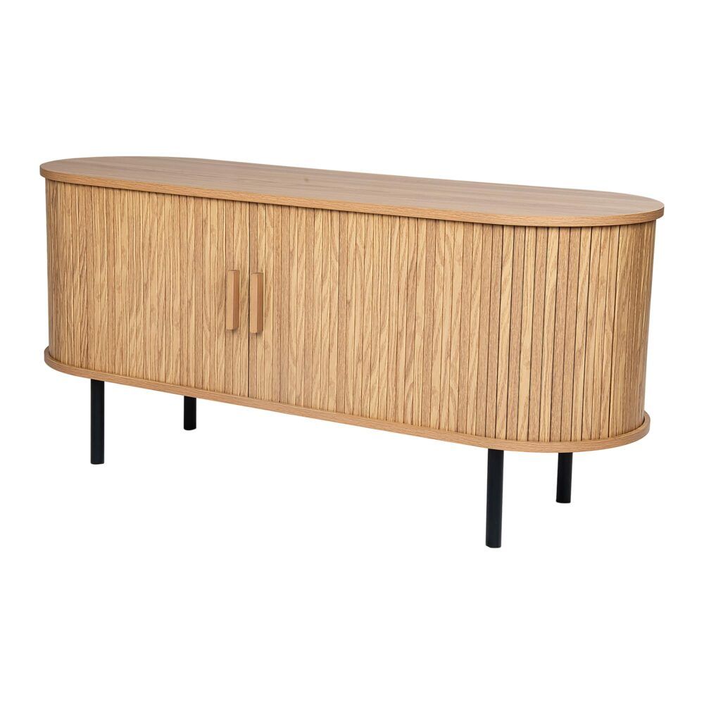 Ripple-grain sideboard with vertical handles, rounded top, and black metal legs
