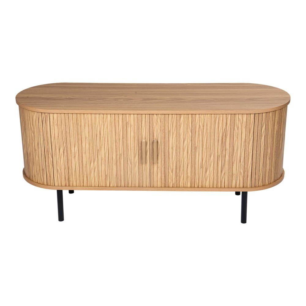 Ripple-grain sideboard with curved front panels, vertical handle, and black legs