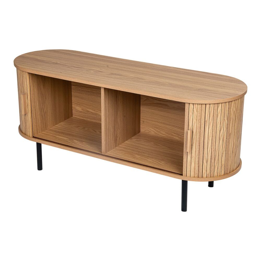 Ripple-grain sideboard with two open compartments and rounded top, black metal legs