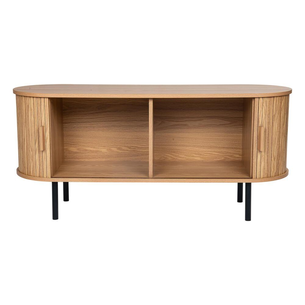 Wooden sideboard with two open shelves, ripple-grain panels, and curved top on black legs