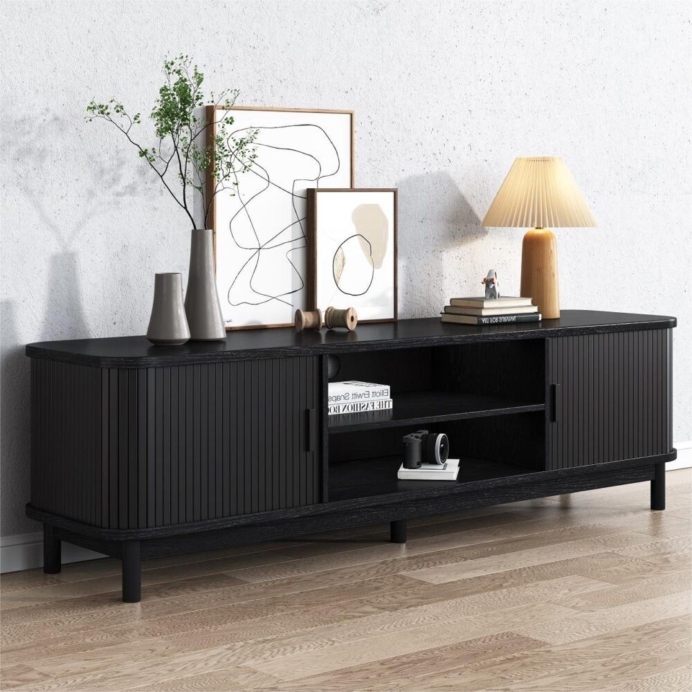 Ribbed black entertainment unit with open storage and two side doors
