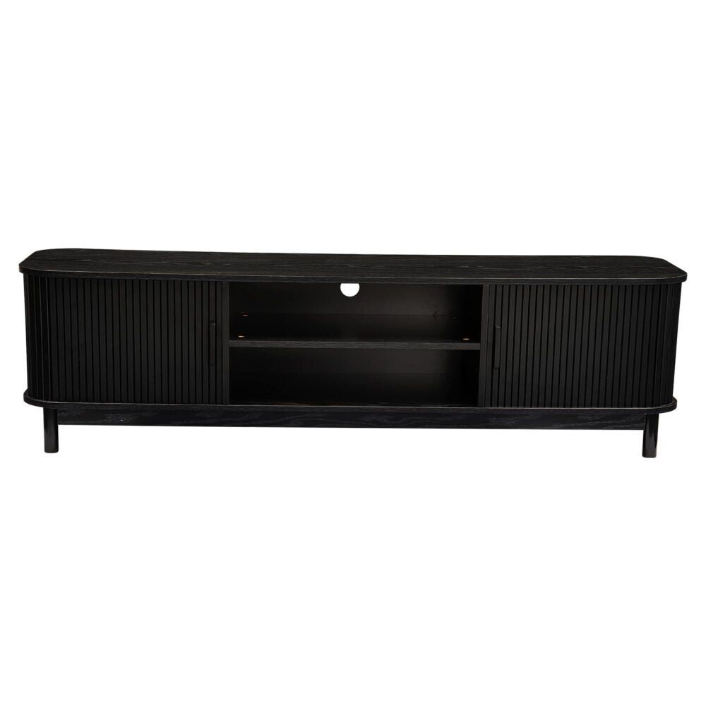 Black ribbed entertainment unit with open shelf and two side doors, on angled legs