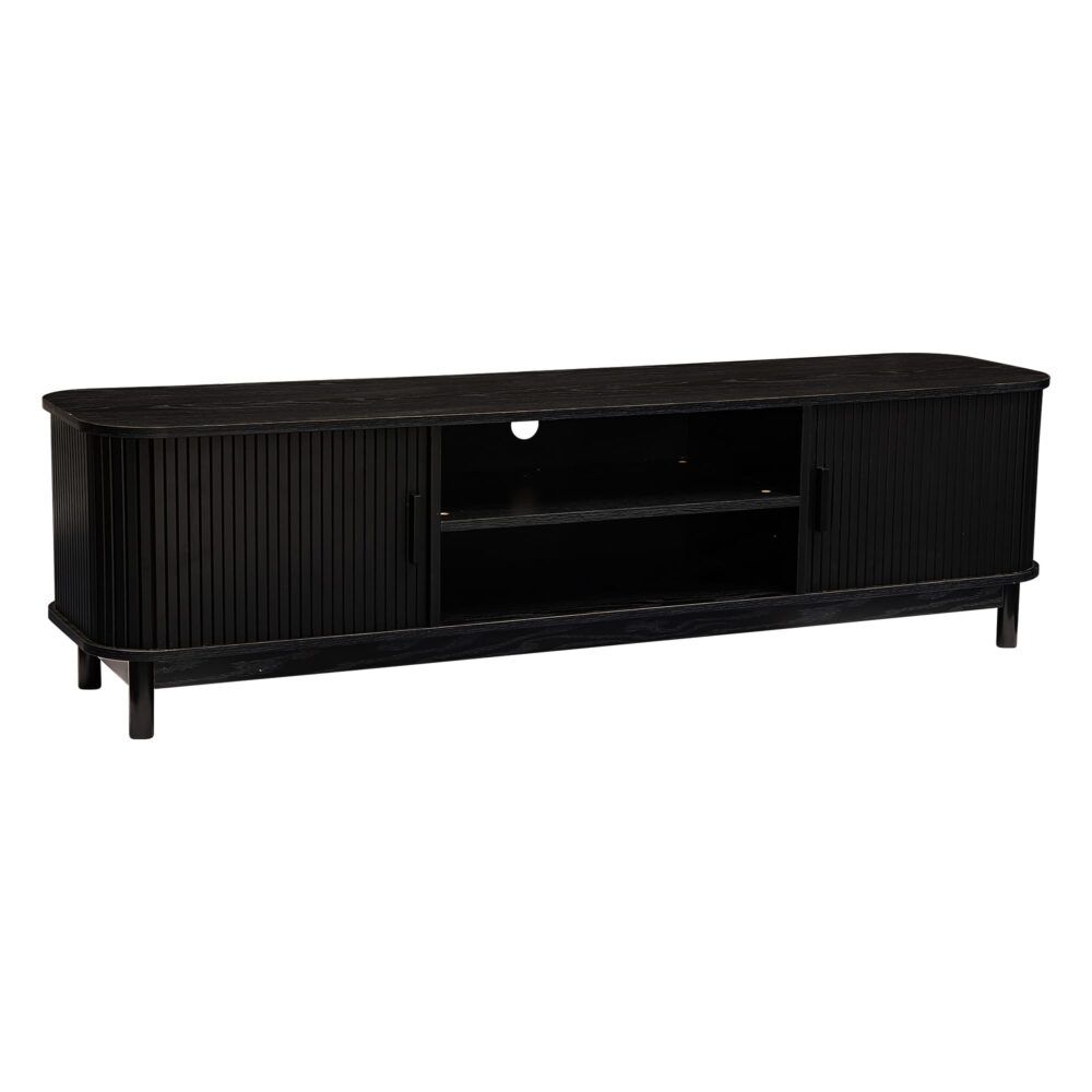 Black ribbed TV stand with open center shelf, side panels, and angled legs