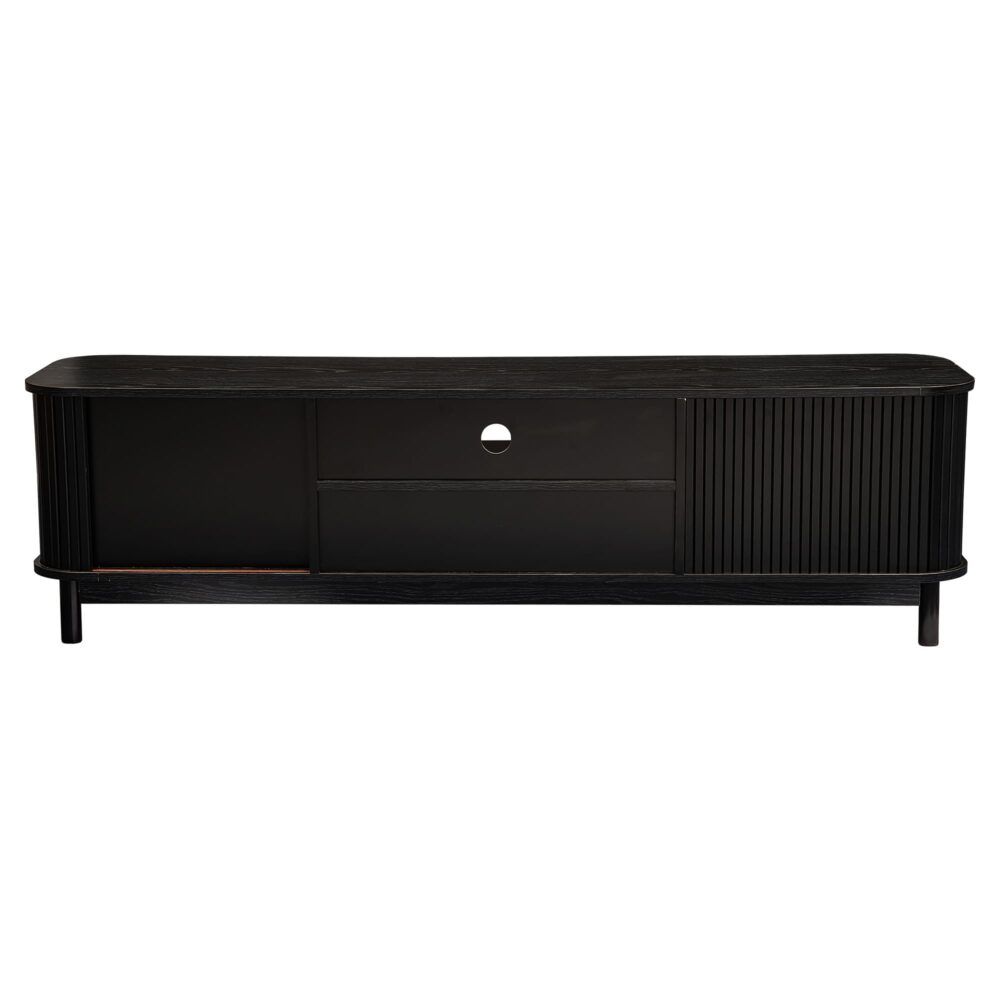Black entertainment unit with center drawer, open shelf, and ribbed cabinet door