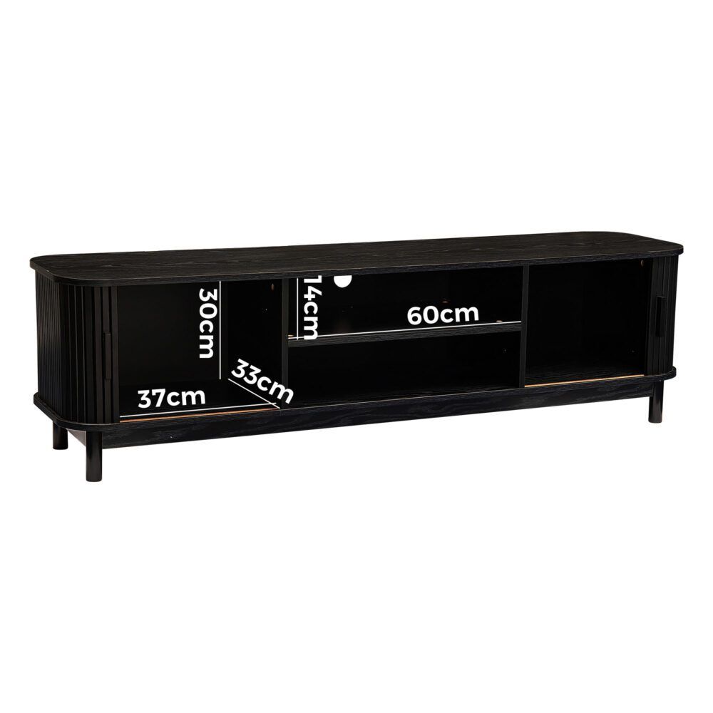 Black entertainment unit with labeled dimensions and open shelf, ribbed side panels