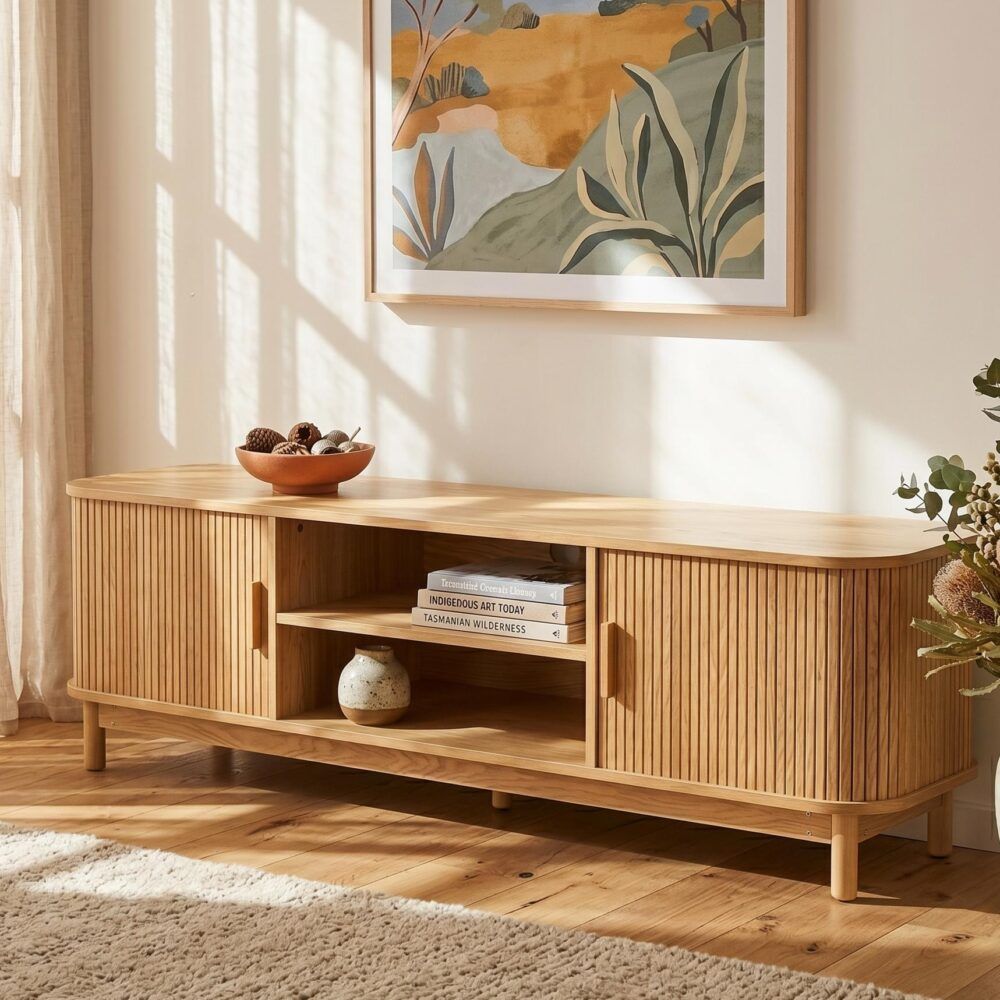 Natural ribbed media console with open middle shelf and flanking cabinet doors