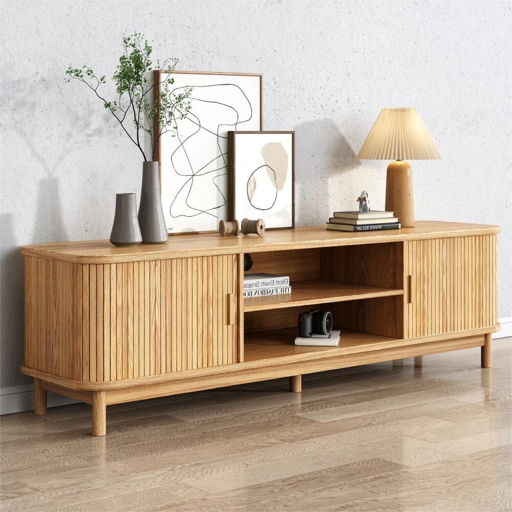 Natural ribbed media console with open shelves, cabinet doors, and slim legs