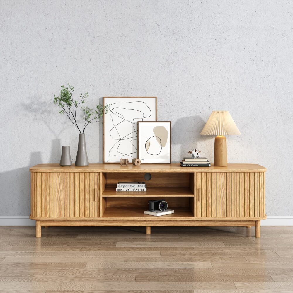 Natural ribbed media console with open center, two cabinet doors, and tapered legs
