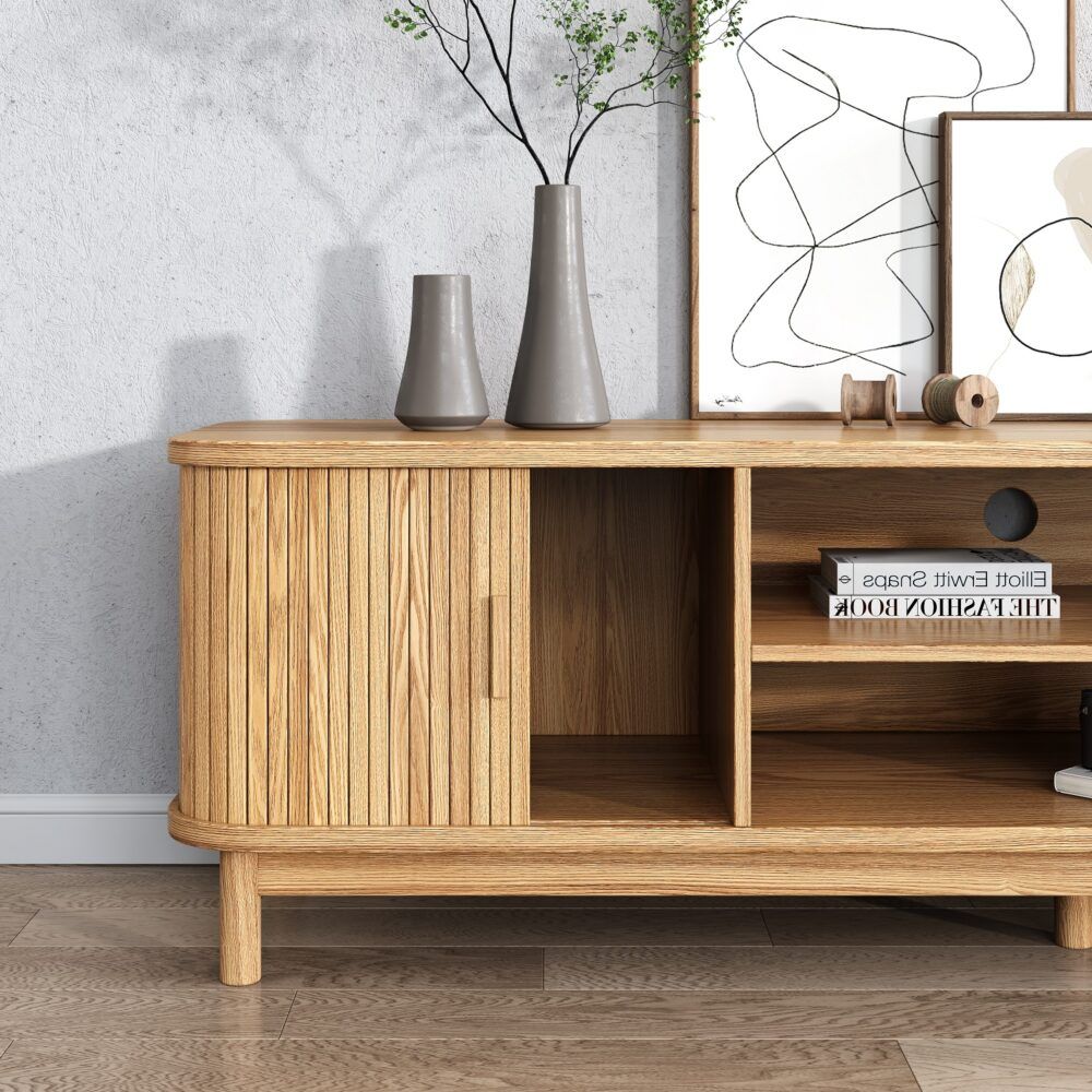 Natural ribbed media console showing open shelving with two closed door panels