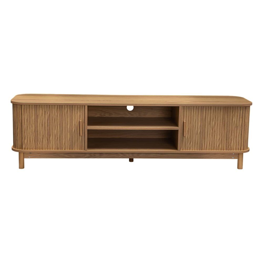 Natural ribbed TV console with two doors, open center bay, and slim legs
