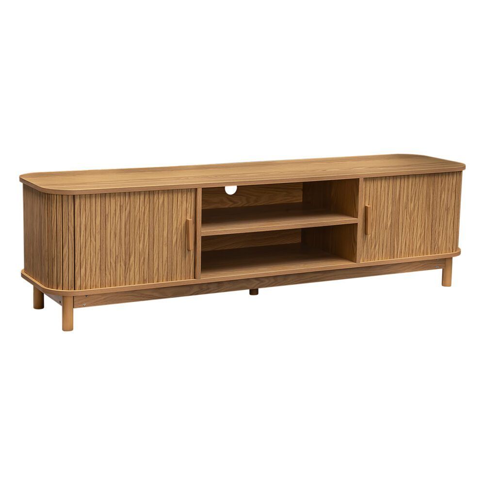 Natural ribbed TV console with two cabinet doors and open center shelf bay