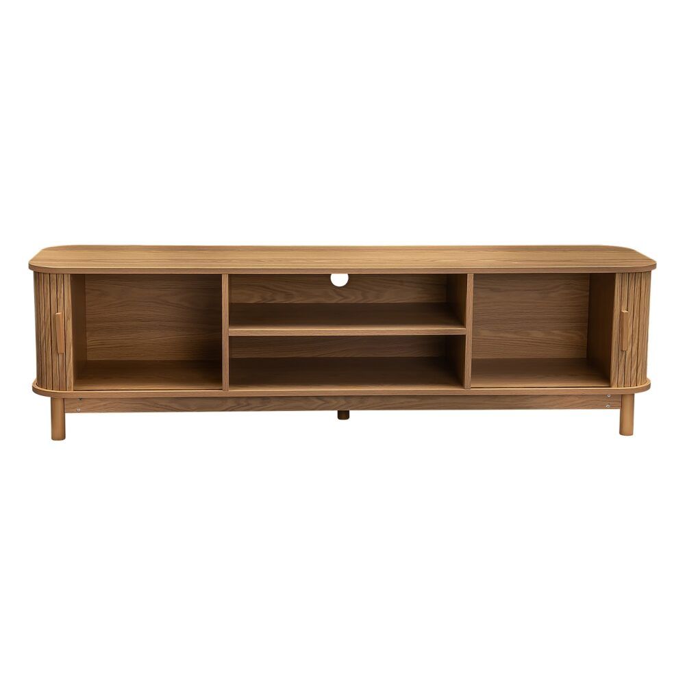 Natural ribbed media console with open center shelving and two side compartments