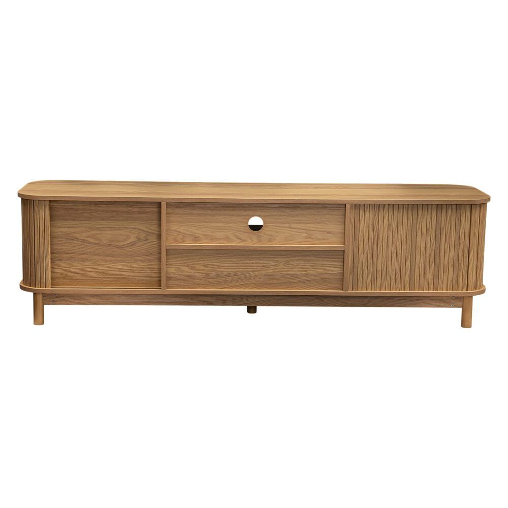 Natural ribbed media console with drawer and side cabinet doors on slim legs