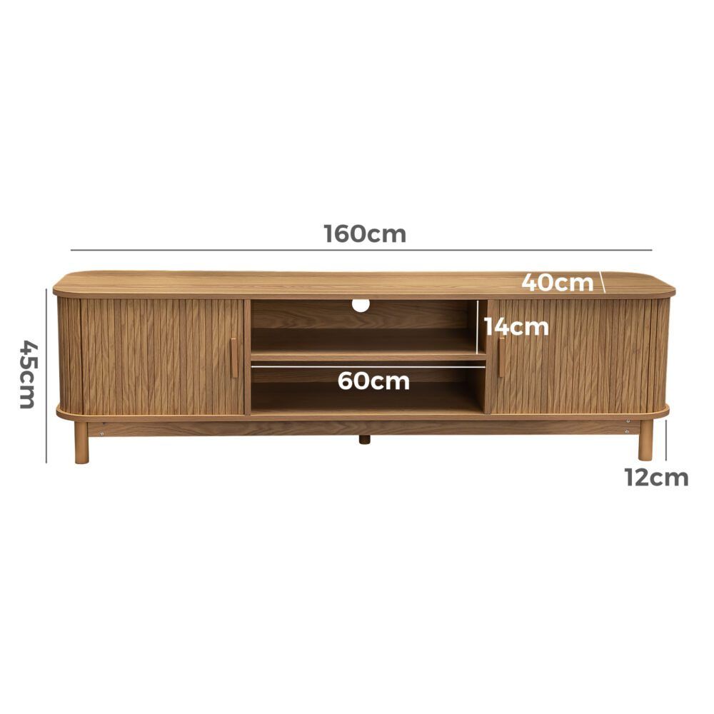160cm light wood entertainment unit with open shelf, doors, and labeled dimensions