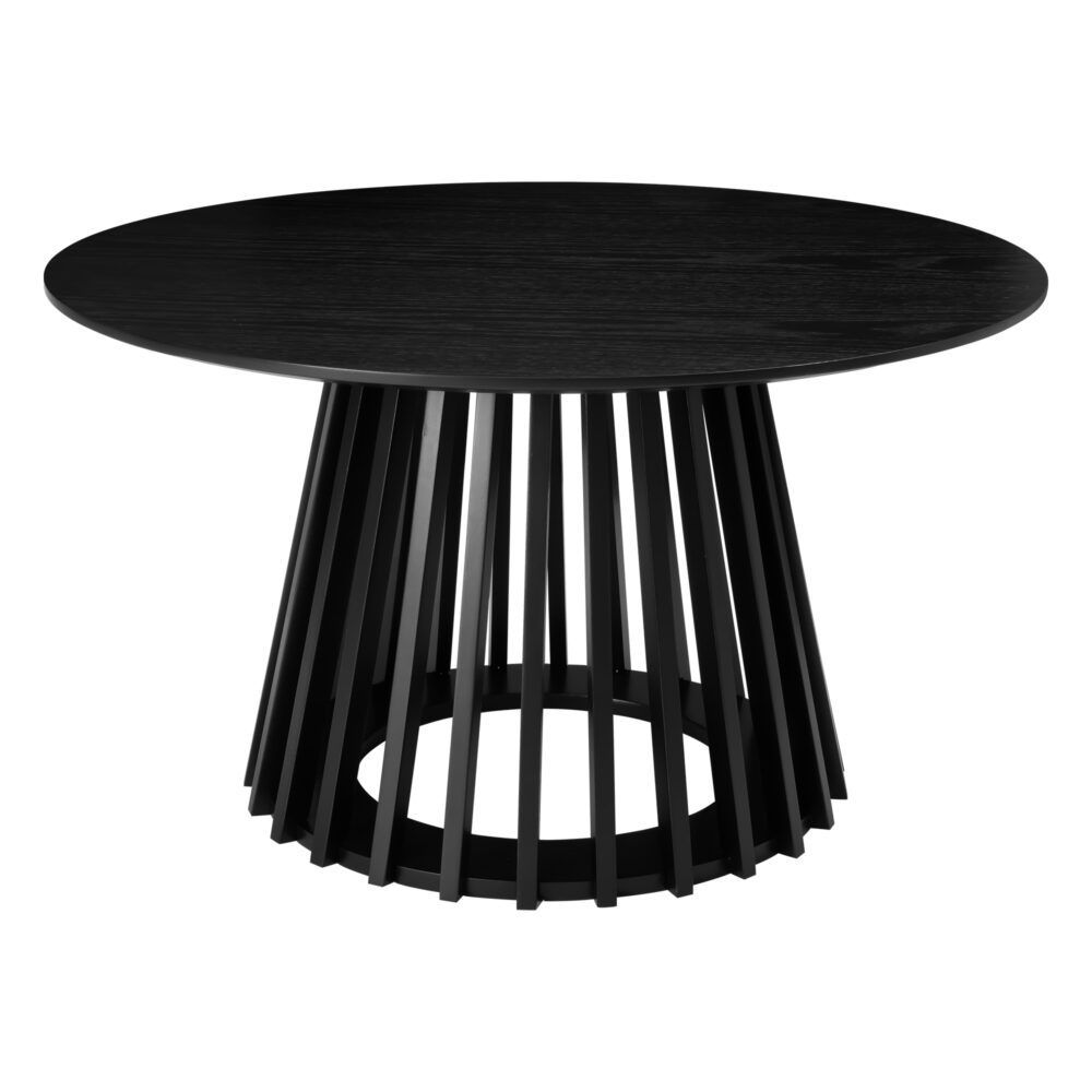 Round dark wood coffee table with slatted pedestal legs and circular tabletop.