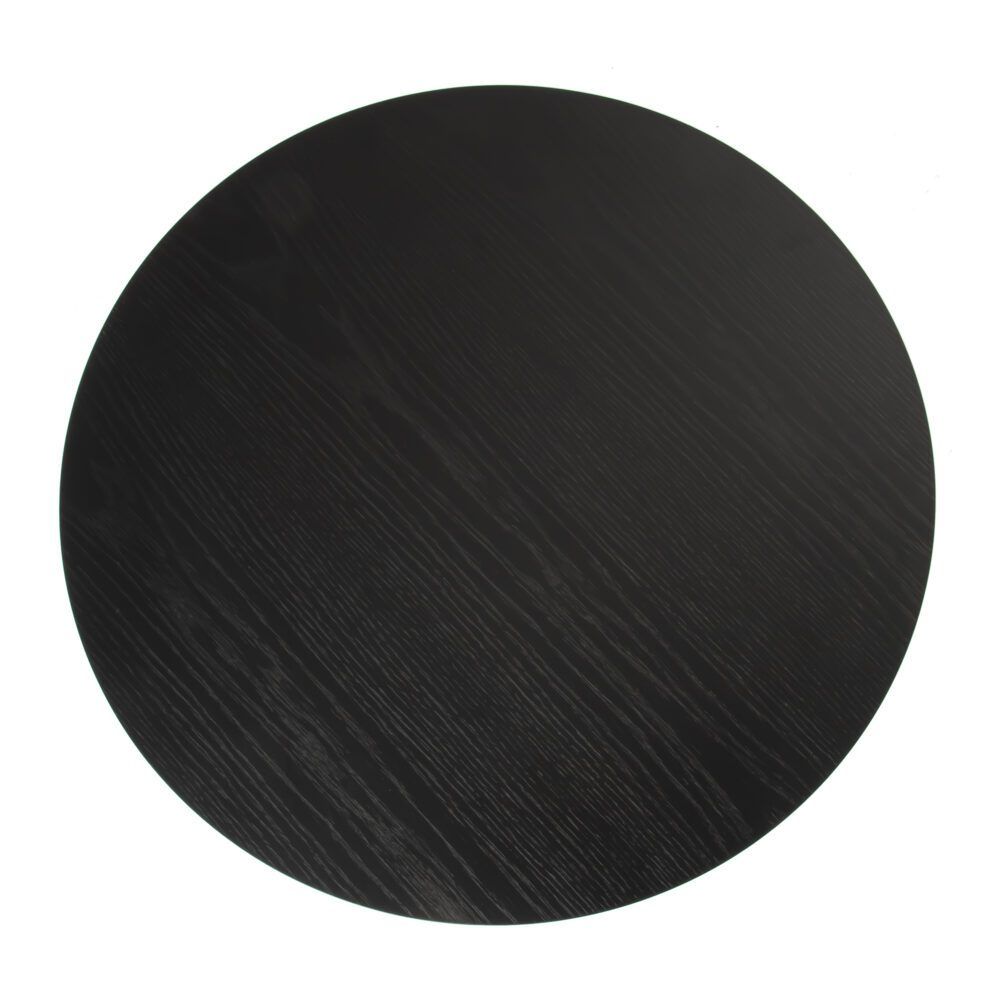 Round dark wood tabletop with linear grain pattern.