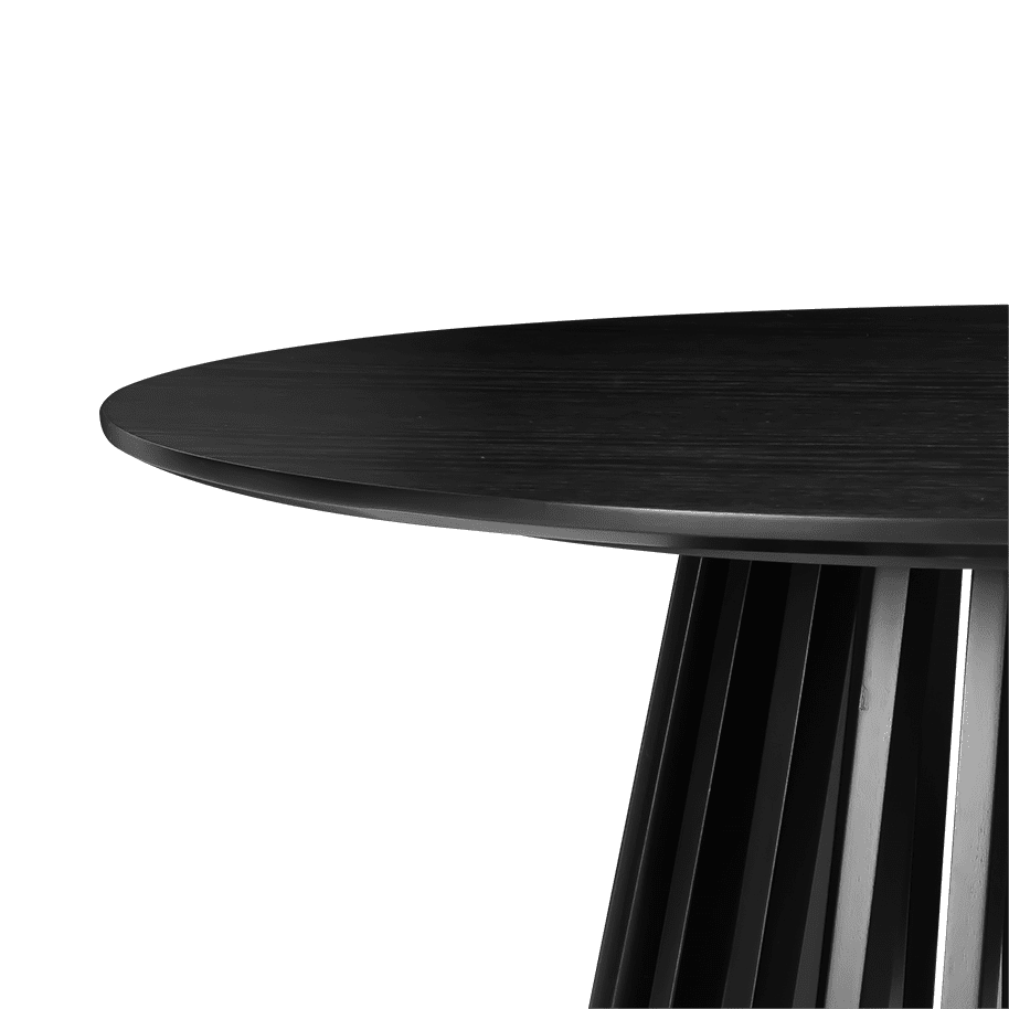 Round dark wood coffee table with overhanging tabletop and slatted legs.