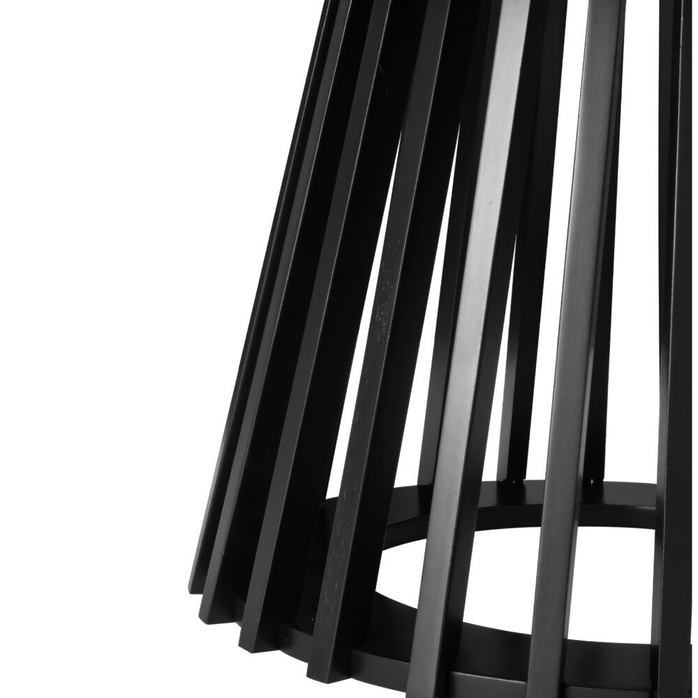 Slatted dark wood pedestal legs beneath round coffee table.