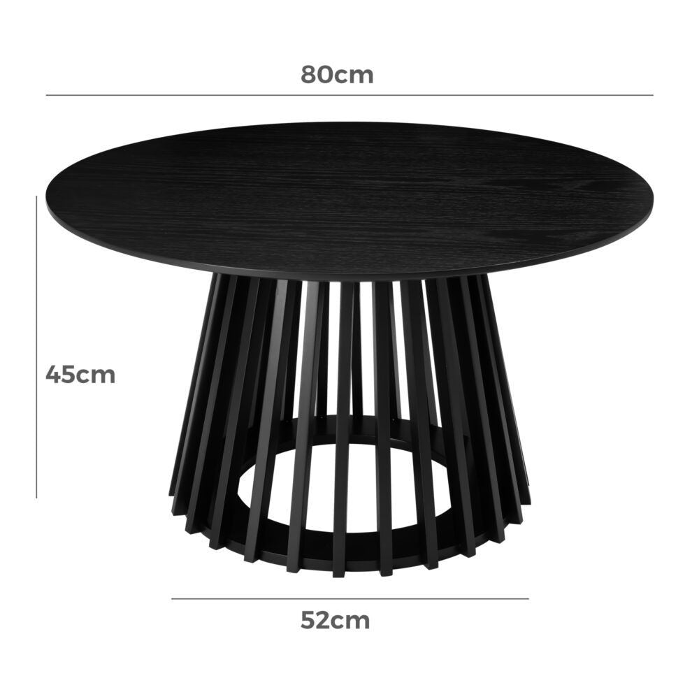 Round slatted sphere coffee table with dark wood top and vertical support legs