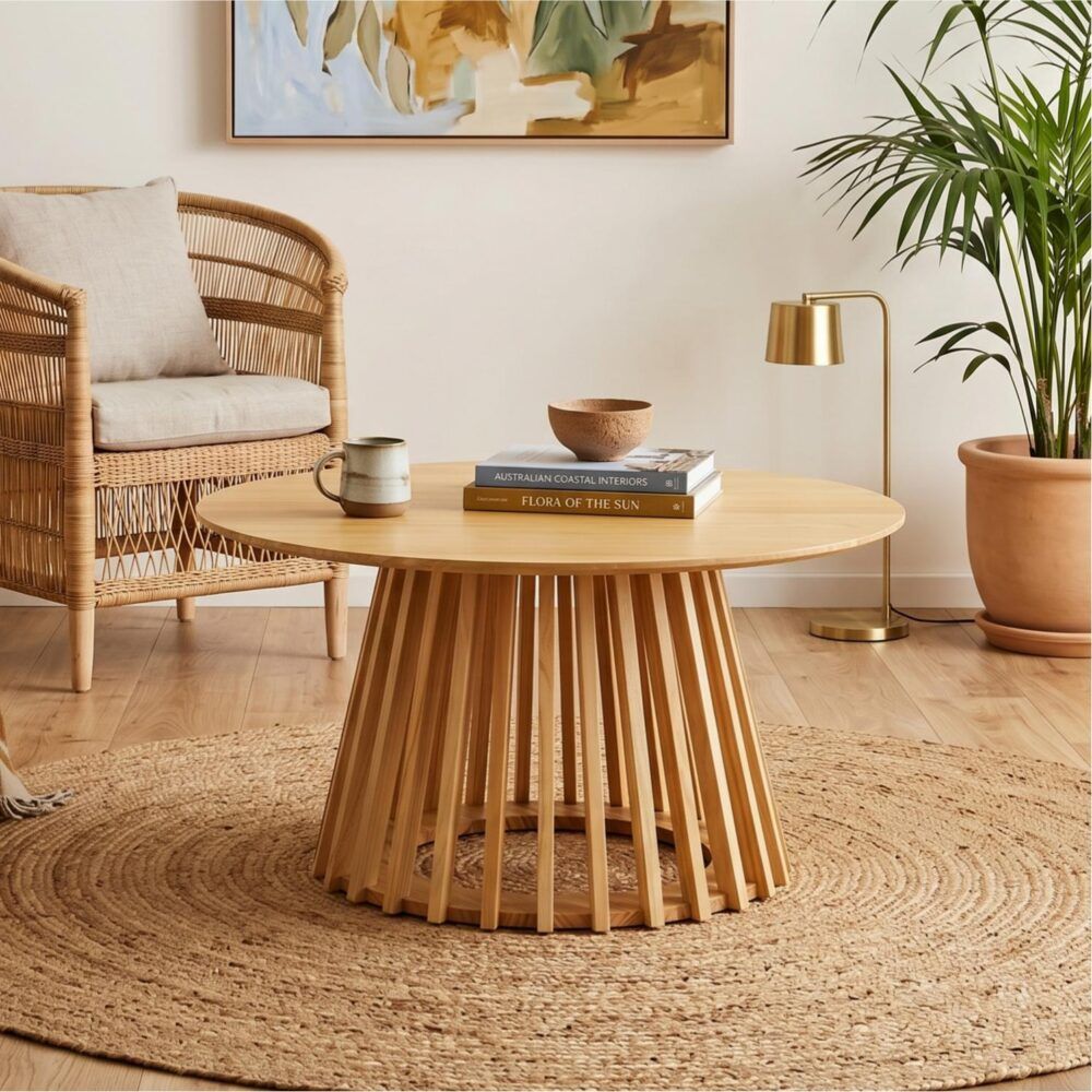 Round natural wood coffee table with slatted pedestal base and round top
