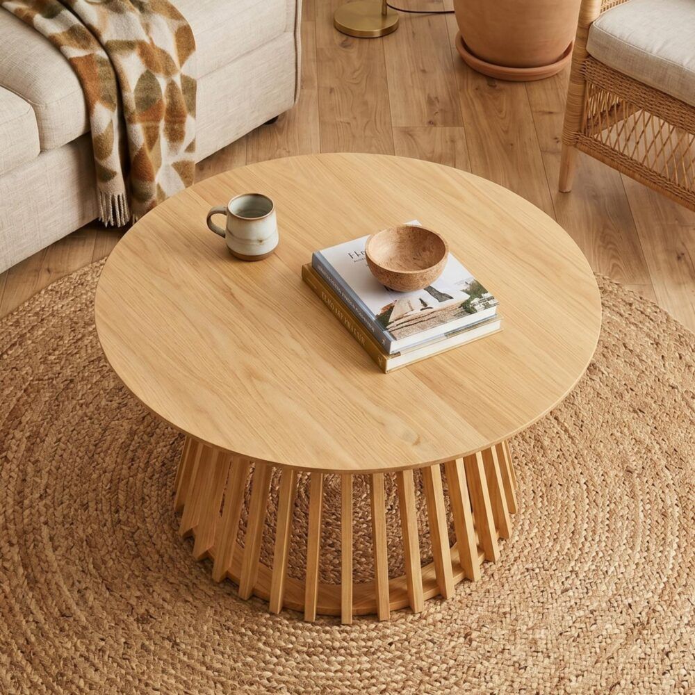 Round natural wood coffee table with slatted base, viewed from above