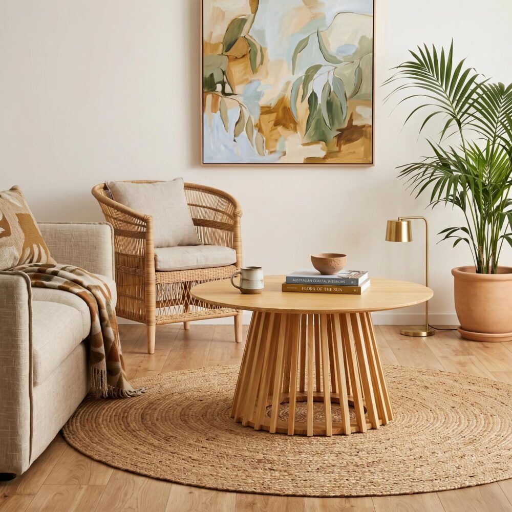 Round natural wood coffee table with slatted legs and round tabletop