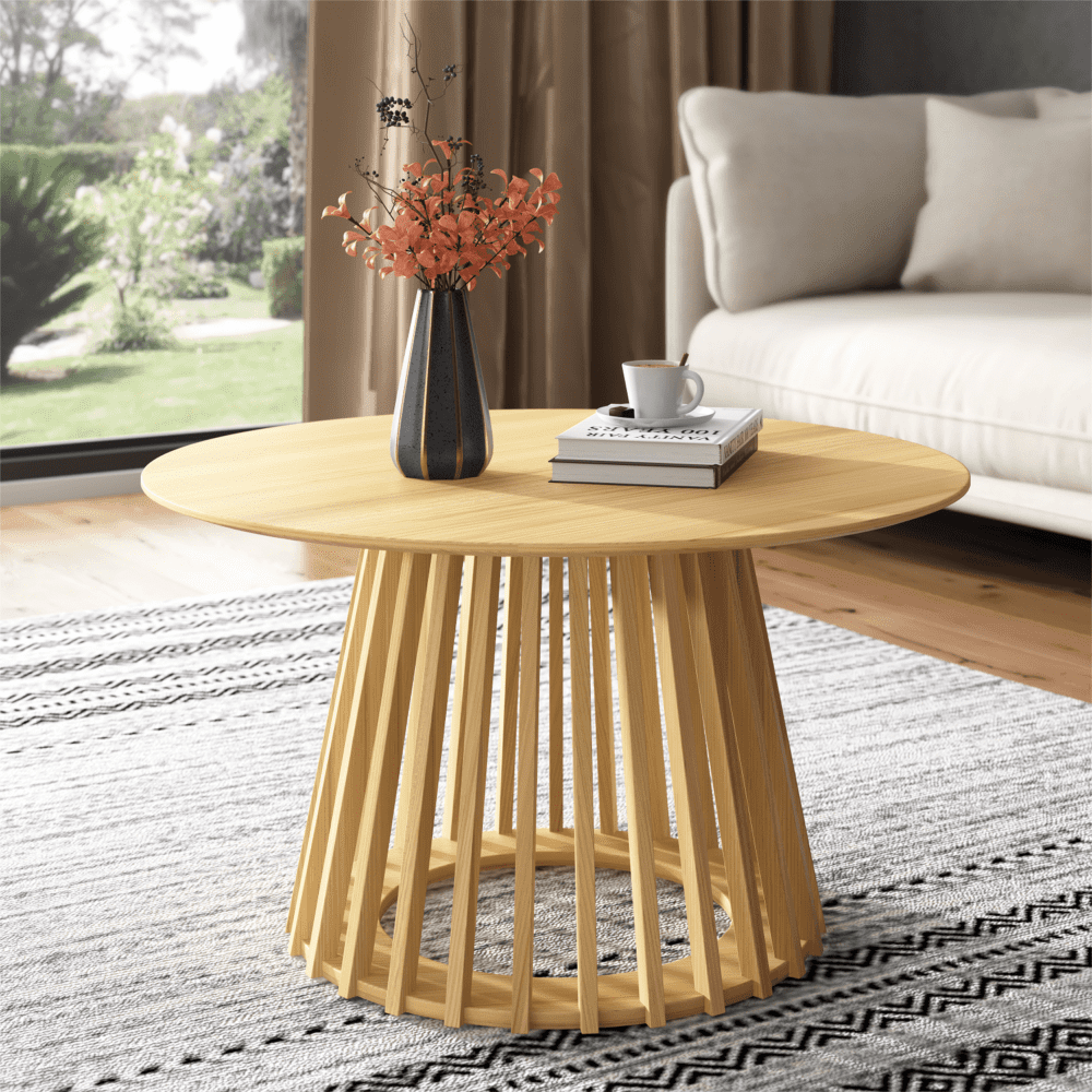 Round light wood coffee table with slatted pedestal base and tabletop