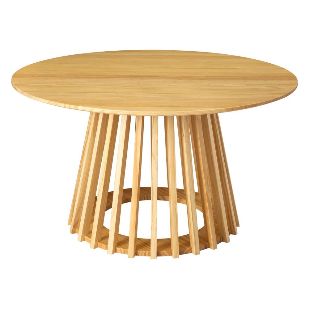 Round natural wood coffee table with slatted pedestal base and flat top