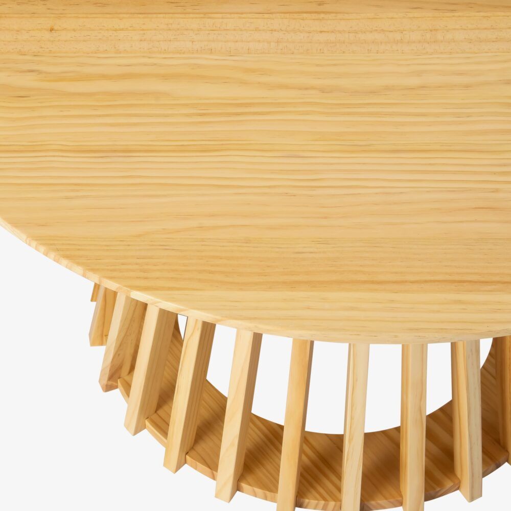 Round natural wood tabletop edge with slatted pedestal base below